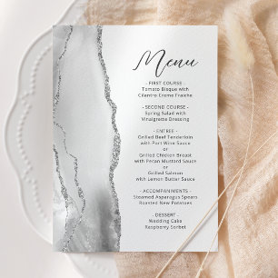 Agate Gray White Silver Modern Script Wedding Menu