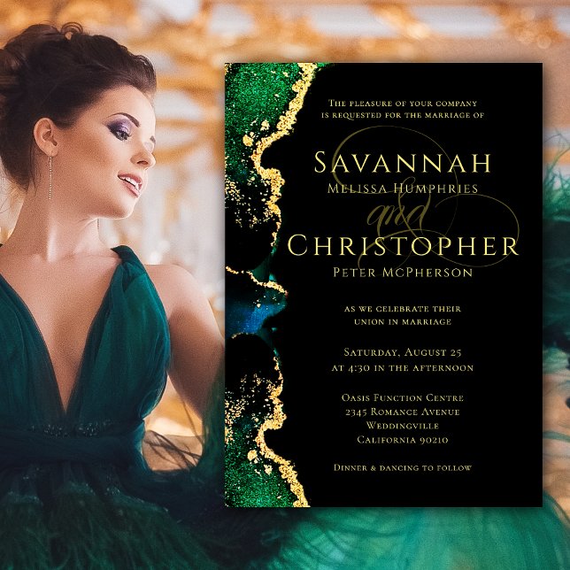Agate Green Black Gold Ethereal Wedding Invitation (Agate Green Black Gold Ethereal Wedding Invitation. Model from Pexels.)