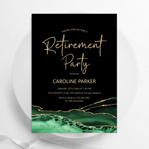 Agate Green Black Gold Retirement Party Invitation