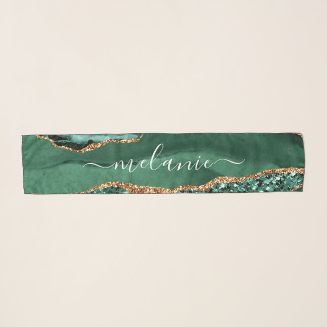 Agate Green Glitter Marble Scarf Name Text (Front (Horizontal))