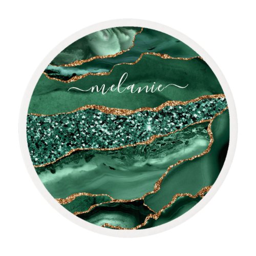 Agate Green Gold Custom Name Edible Frosting Round