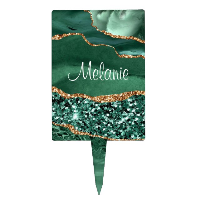 Agate Green Gold Emerald Cake Topper Custom Name (Front)