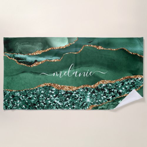 Agate Green Gold Emerald Custom Name Beach Towel