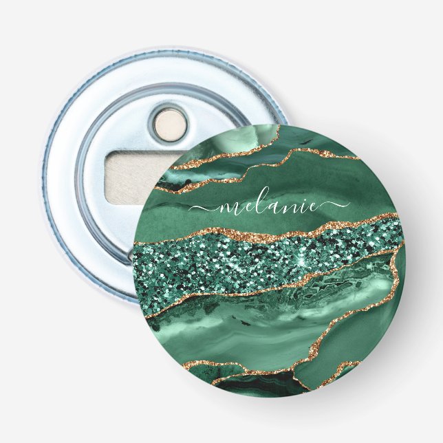 Agate Green Gold Emerald Custom Name Bottle Opener (Front)