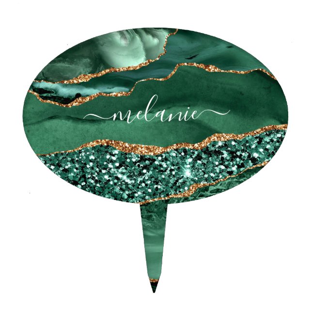 Agate Green Gold Emerald Custom Name Cake Topper (Front)