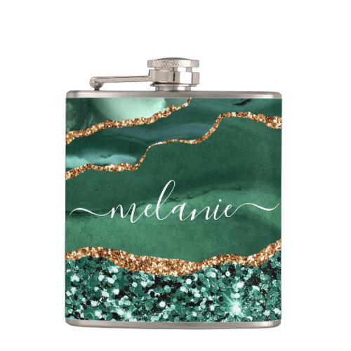 Agate Green Gold Emerald Custom Name Flask