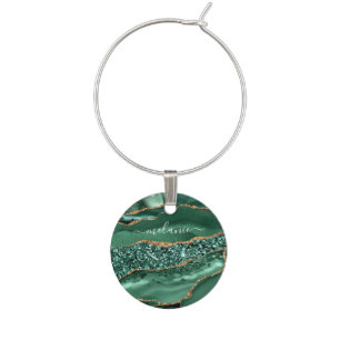 Agate Green Gold Emerald Custom Name Wine Charm