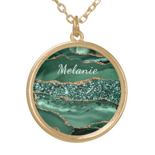 Agate Green Gold Emerald Necklace Custom Name