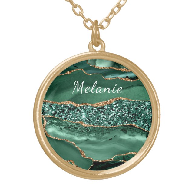 Agate Green Gold Emerald Necklace Custom Name (Front)