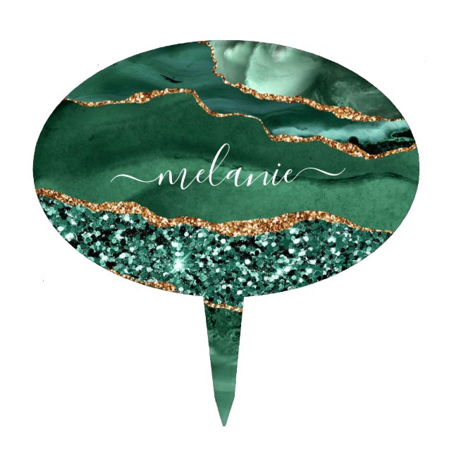 Agate Green Gold Emerald Your Name Cake Topper (Front)