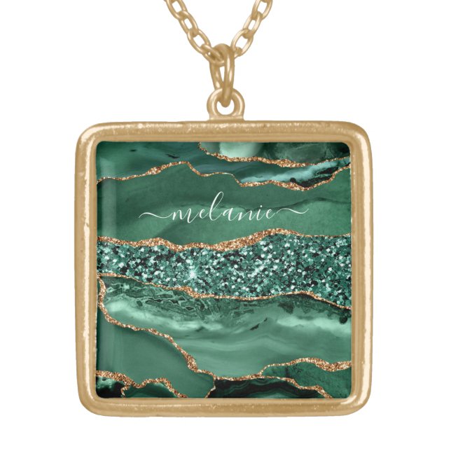 Agate Green Gold Emerald Your Name Necklace (Front)