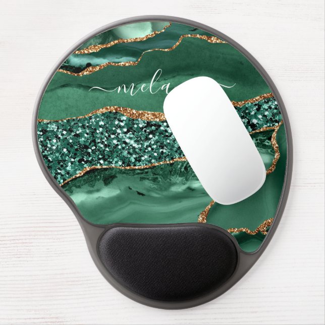 Agate Green Gold Glitter Custom Name Gel Mouse Pad (Left Side)