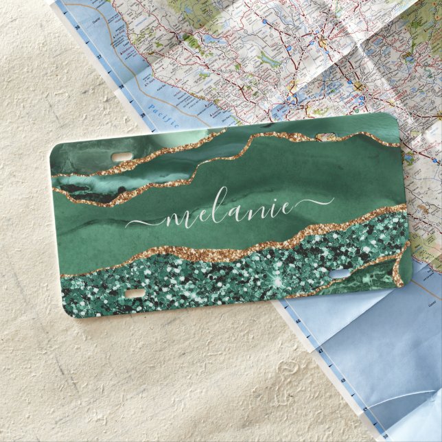 Agate Green Gold Glitter Custom Name License Plate (In Situ)
