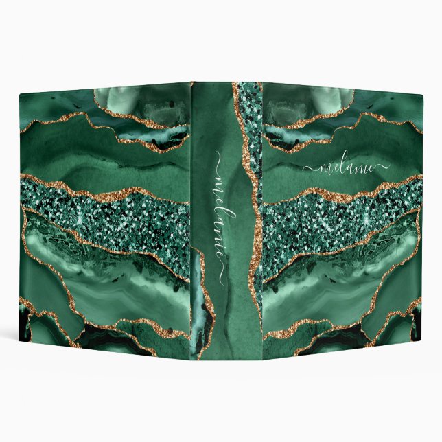 Agate Green Gold Glitter Geode Marble Custom Name 3 Ring Binder (Background)