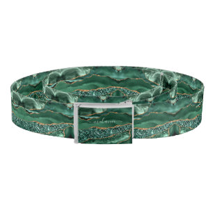 Agate Green Gold Glitter Geode Marble Custom Name Belt