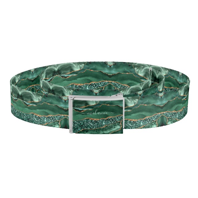  Agate Green Gold Glitter Geode Marble Custom Name Belt (Coil)