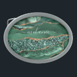 Agate Green Gold Glitter Geode Marble Custom Name Belt Buckle<br><div class="desc">Agate Green Gold Glitter Geode Marble Custom Name Emerald Sparkle Personalized Birthday - Anniversary or Wedding Gift / Suppliest - Add Your Name - Text or Remove - Make Your Special Gift - Resize and move or remove and add text / elements with customization tool. Design by MIGNED. Please see...</div>