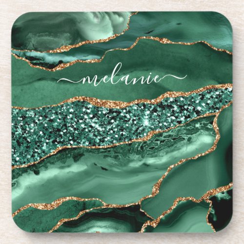 Agate Green Gold Glitter Geode Marble Custom Name Beverage Coaster