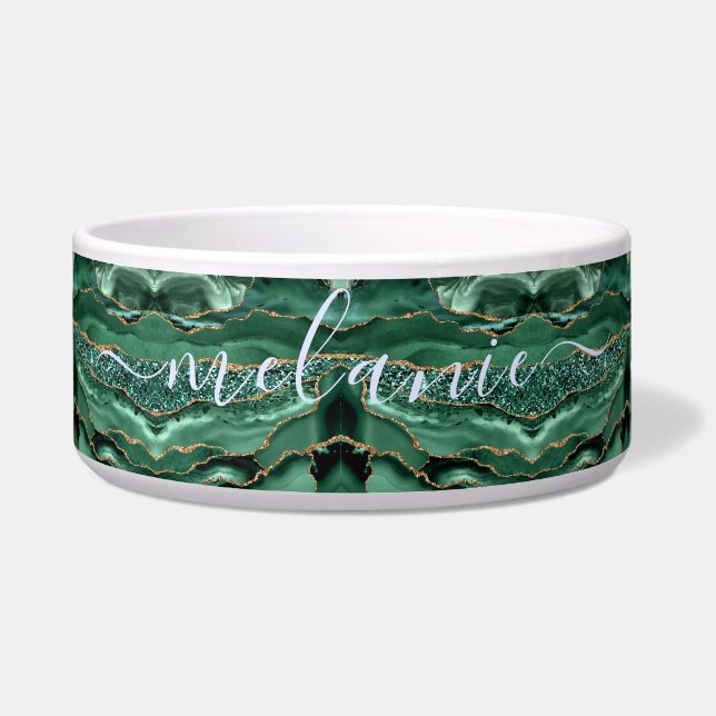 Agate Green Gold Glitter Geode Marble Custom Name Bowl (Front)