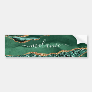 Agate Green Gold Glitter Geode Marble Custom Name  Bumper Sticker