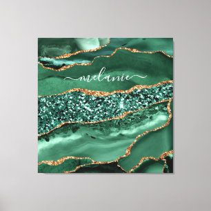 Agate Green Gold Glitter Geode Marble Custom Name Canvas Print