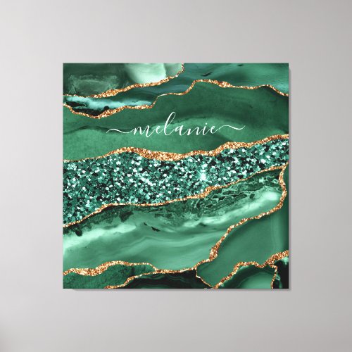 Agate Green Gold Glitter Geode Marble Custom Name Canvas Print