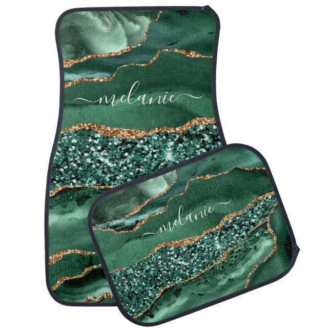Agate Green Gold Glitter Geode Marble Custom Name Car Floor Mat (Set)