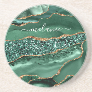 Agate Green Gold Glitter Geode Marble Custom Name Coaster