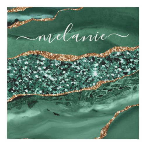 Agate Green Gold Glitter Geode Marble Custom Name Faux Canvas Print