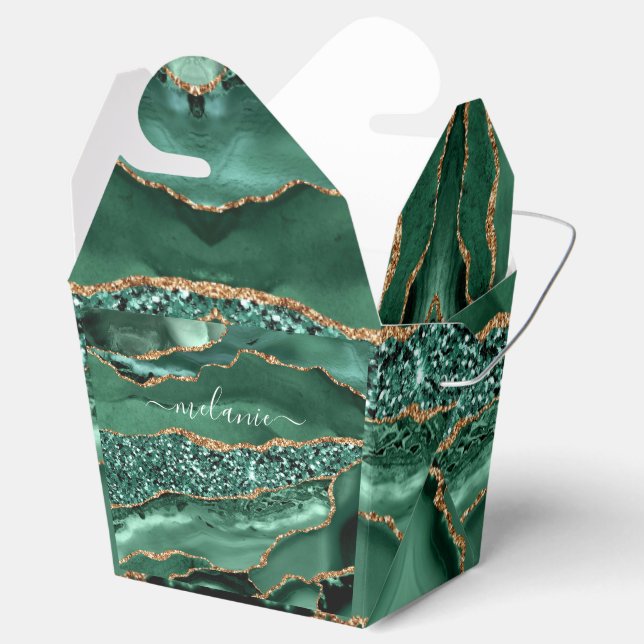 Agate Green Gold Glitter Geode Marble Custom Name Favor Boxes (Opened)