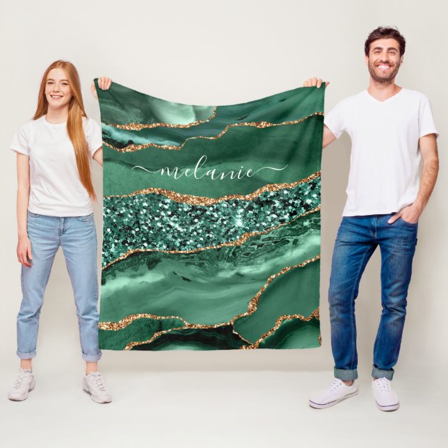 Agate Green Gold Glitter Geode Marble Custom Name Fleece Blanket (In Situ)