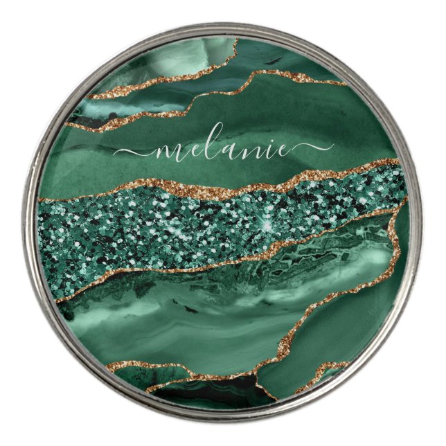 Agate Green Gold Glitter Geode Marble Custom Name Golf Ball Marker (Front)