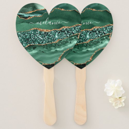 Agate Green Gold Glitter Geode Marble Custom Name Hand Fan