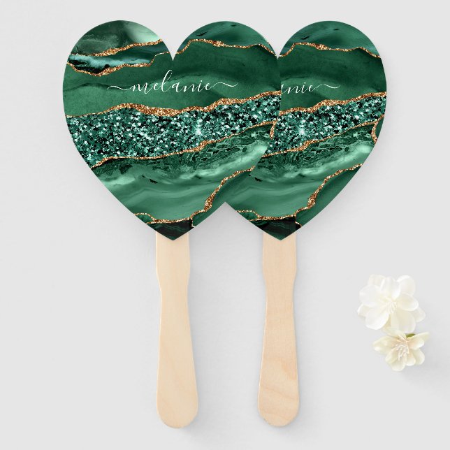 Agate Green Gold Glitter Geode Marble Custom Name Hand Fan (Front and Back)
