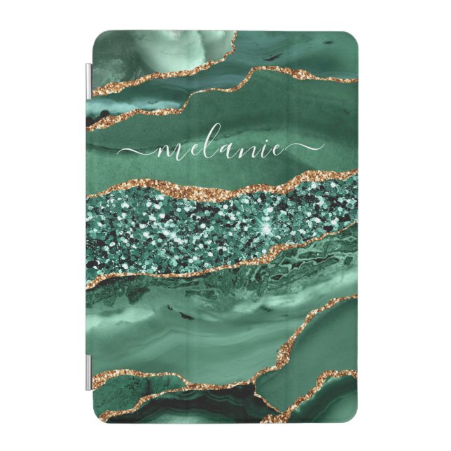 Agate Green Gold Glitter Geode Marble Custom Name  iPad Mini Cover (Front)