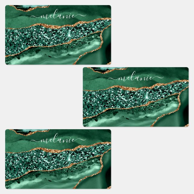 Agate Green Gold Glitter Geode Marble Custom Name Labels (Group)