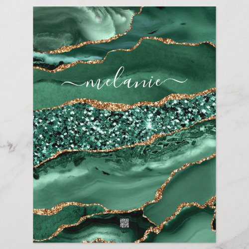 Agate Green Gold Glitter Geode Marble Custom Name Letterhead