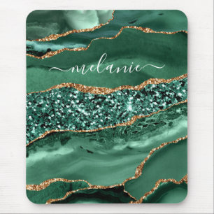 Agate Green Gold Glitter Geode Marble Custom Name Mouse Pad