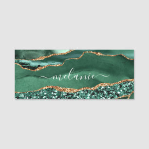 Agate Green Gold Glitter Geode Marble Custom Name Name Tag