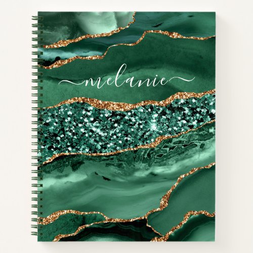 Agate Green Gold Glitter Geode Marble Custom Name Notebook