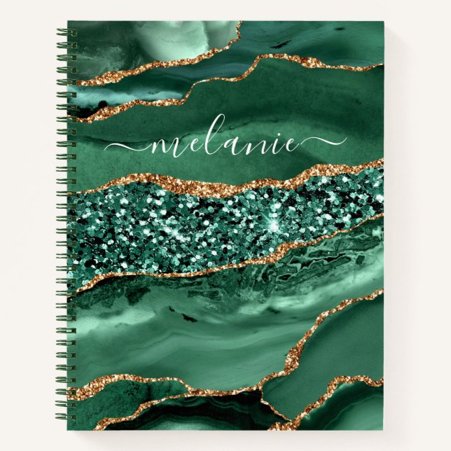 Agate Green Gold Glitter Geode Marble Custom Name Notebook (Front)