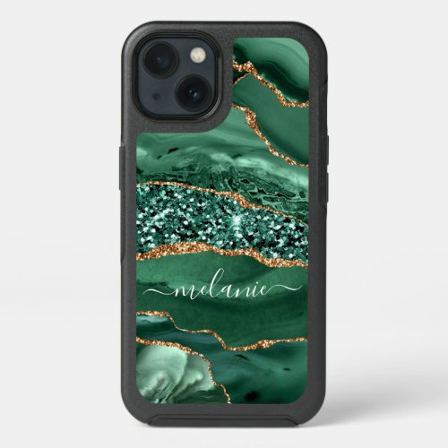 Agate Green Gold Glitter Geode Marble Custom Name iPhone 13 Case