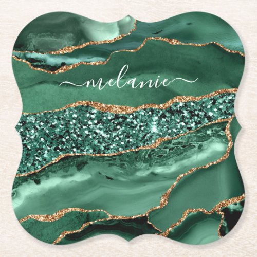 Agate Green Gold Glitter Geode Marble Custom Name Paper Coaster