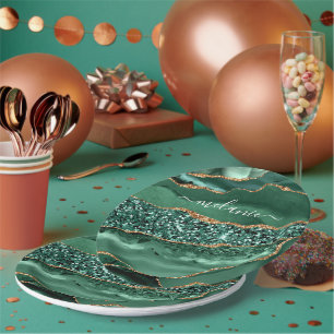 Agate Green Gold Glitter Geode Marble Custom Name Paper Plates