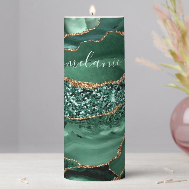 Agate Green Gold Glitter Geode Marble Custom Name Pillar Candle (In Situ)