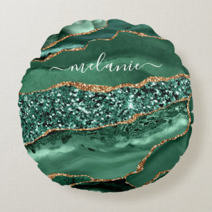 Agate Green Gold Glitter Geode Marble Custom Name Round Pillow