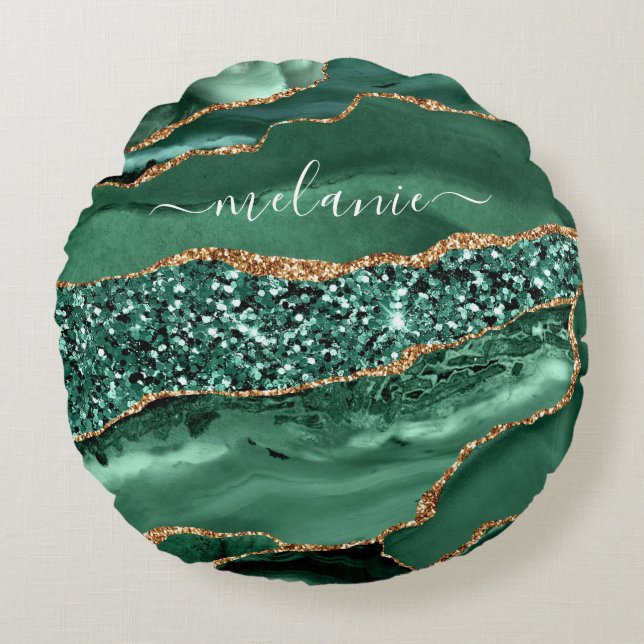 Agate Green Gold Glitter Geode Marble Custom Name Round Pillow (Front)