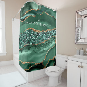 Agate Green Gold Glitter Geode Marble Custom Name Shower Curtain