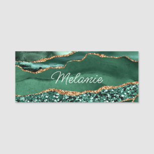 Agate Green Gold Glitter Geode Marble Custom Name Tag