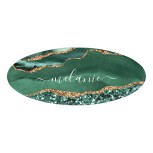 Agate Green Gold Glitter Geode Marble Custom Name Tag